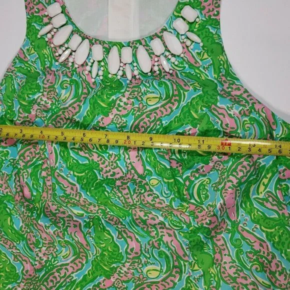 Lilly Pulitzer Green Pink Alligator Print Beaded Dress Size 4 Pink Label scallop - Picture 5 of 9